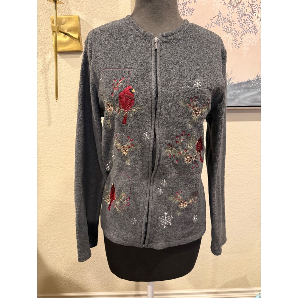 Croft & Barrow Womens Grey Fleece Zip‎ Cardigan Embroidered Cardinal Snowflake M